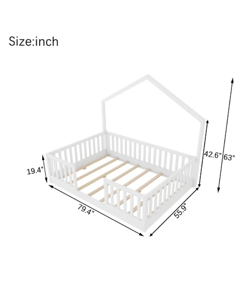 Streamdale Furniture Full Floor Bed with High Rails and Light for Kids