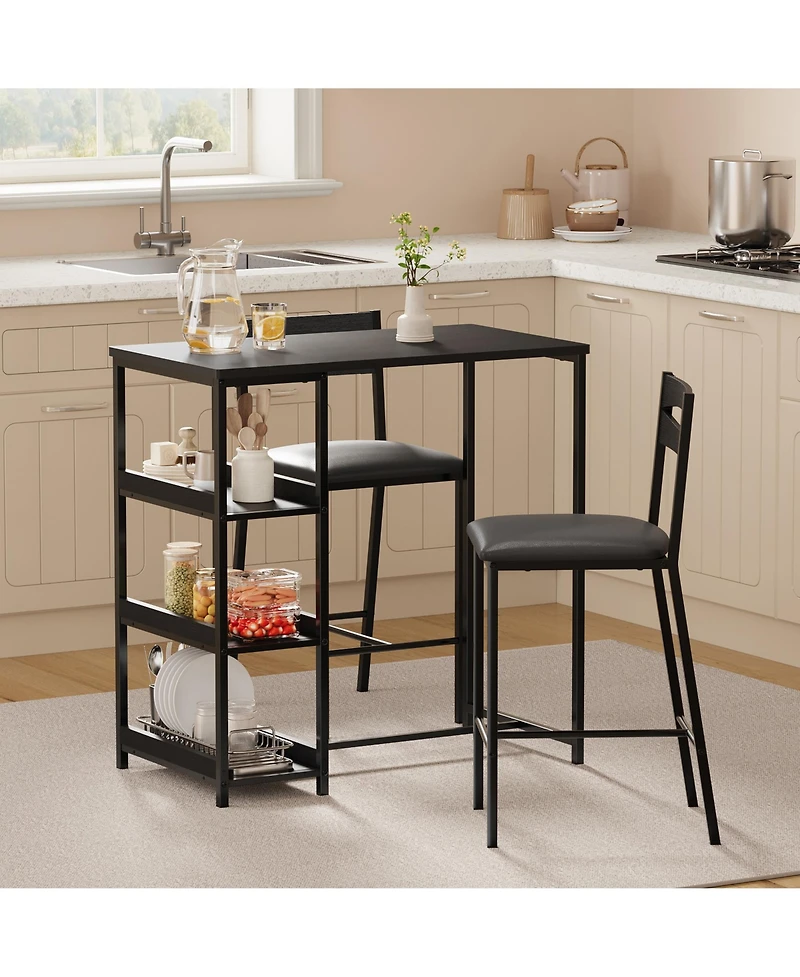 homfan 3-Piece Counter Height Dining Set - Storage Shelves + 2 Upholstered Chairs Sturdy Metal Frame Space-Saving for Room, Apartment