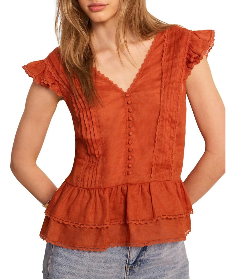 Mint Velvet Women's V-Neck Ruffle Sleeveless Ramie Blouse