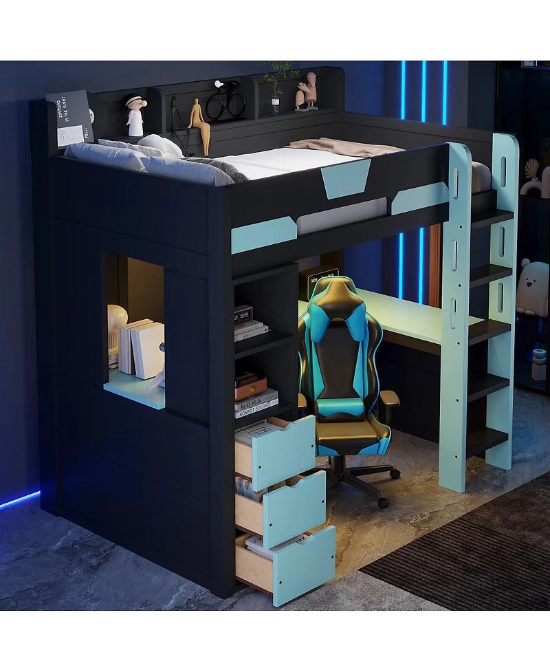 Streamdale Furniture Twin Wooden Gaming Loft Bed with Desk, Rgb Lights and Drawers