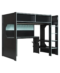 Clihome Twin Size Gaming Loft Bed with Integrated Desk and Lights, Modern Wooden Bed Frame with Desk and Built-in Charging Station