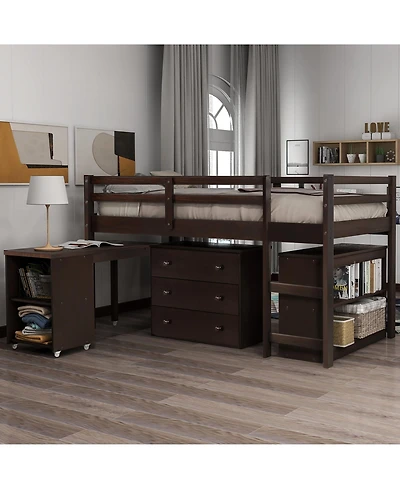 Clihome Low Study Twin Loft Bed with Cabinet and Rolling Portable Desk