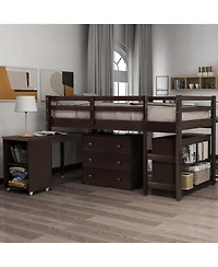 Clihome Low Study Twin Loft Bed with Cabinet and Rolling Portable Desk