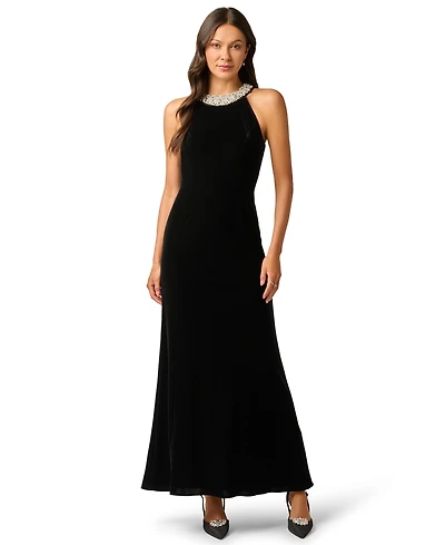 Adrianna Papell Petite Pearly Collar Velvet Sleeveless Halter Gown