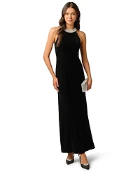 Adrianna Papell Petite Pearly Collar Velvet Sleeveless Halter Gown