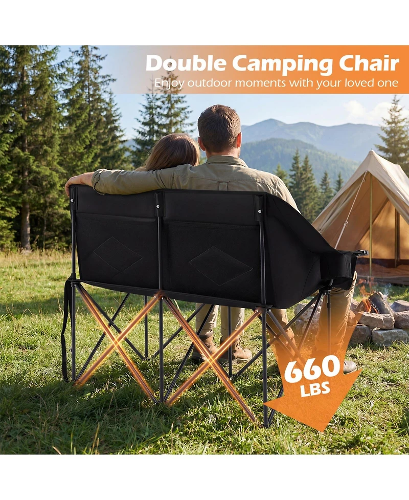 Gymax Double Camping Chair with Cup Holders Glass Racks and Mesh Pockets Carry Bag