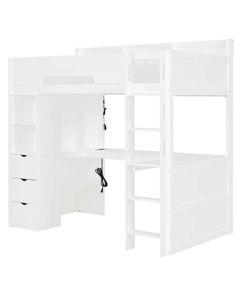Clihome Twin Size Wooden Gaming Loft Bed with U-Shaped Desk, Smart Rgb Led Lights,Multi-Functional High Sleeper with 3 Drawers for Teens Adults
