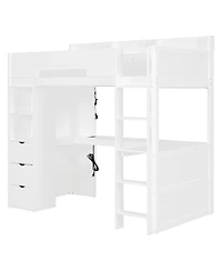 Clihome Twin Size Wooden Gaming Loft Bed with U-Shaped Desk, Smart Rgb Led Lights,Multi-Functional High Sleeper with 3 Drawers for Teens Adults