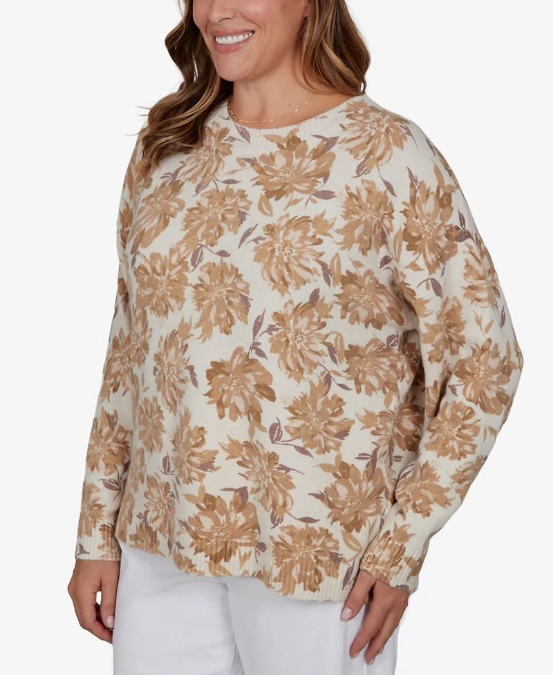 Hearts Of Palm Plus Floral-Print Crewneck Long-Sleeve Sweater