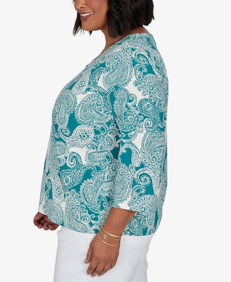 Hearts Of Palm Plus Stamped Paisley 3/4-Sleeve Scoop Neck T-Shirt