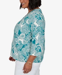 Hearts Of Palm Plus Stamped Paisley 3/4-Sleeve Scoop Neck T-Shirt