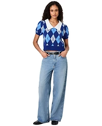 French Connection Women's Koda Puff-Sleeve Argyle-Jacquard Collared Top