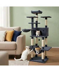 Sugift Large Cat Tree 63 Inch Tall Cat Tower with Rotatable Basket Bed and Swinging Hammock