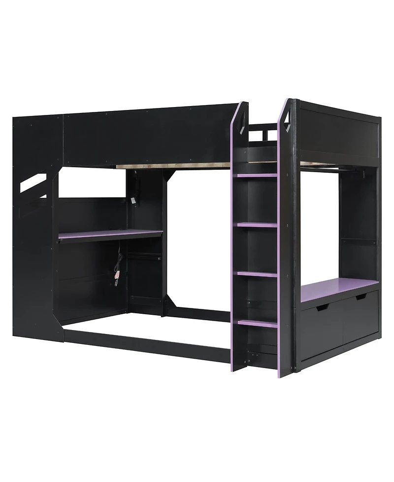 Clihome Full Size Wood Loft Bed with Height-adjustable Desk,Drawers,Storage Compartments,Hanging Rod and Rgb Lights