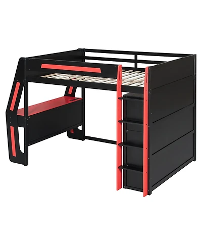Clihome Full Size Gaming Loft Bed with Integrated Desk, Smart Rgb Led Lights and Usb Ports, Wooden High Bed