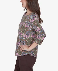Ruby Rd. Petite Kint Garden Top Square-Neck 3/4-Sleeve Floral Blouse