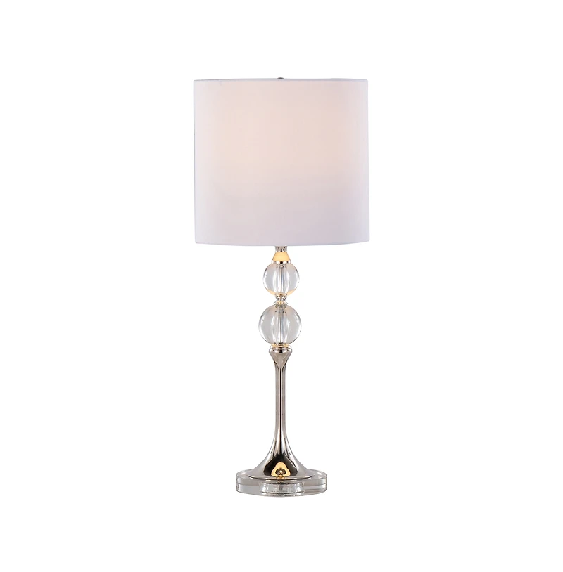 26" Contemporary Crystal Table Lamp in Clear Crystal and Polished Nickel with White Linen Shade from Grandview Gallery - Set of 2