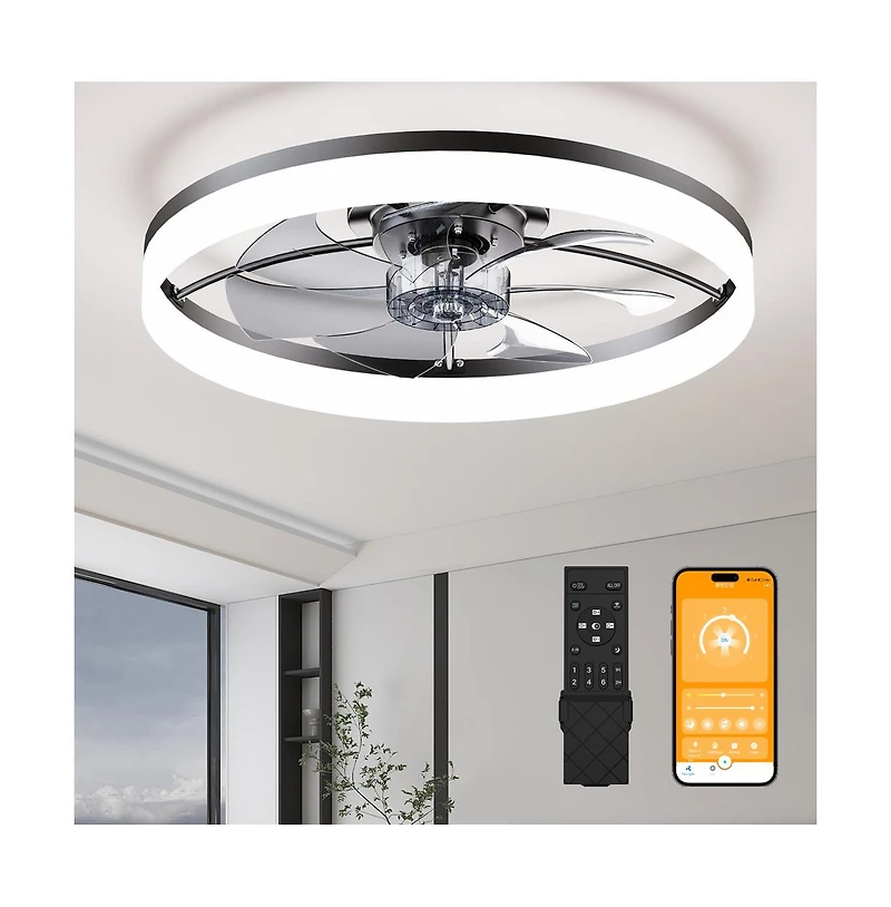 Sofucor 23.6-in Modern Ultra-Thin Flush Mount Ceiling Fan Light with Remote and App Control Included 5-Blade