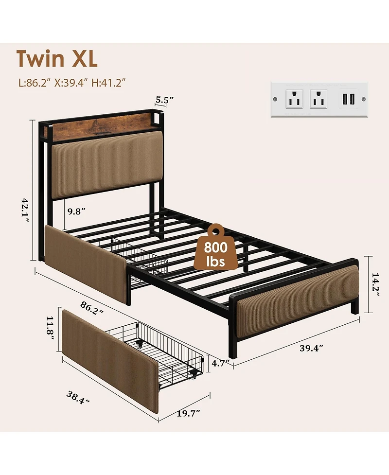 homfan Bed Frame with 2 Drawers and Charging Station, Upholstered Headboard Led Lights, Under Storage