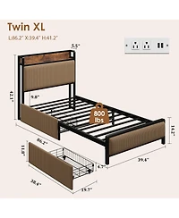 homfan Bed Frame with 2 Drawers and Charging Station, Upholstered Headboard Led Lights, Under Storage