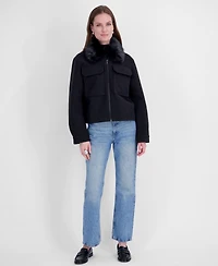 Tahari Women's Detachable Faux-Fur Collar Cropped Coat