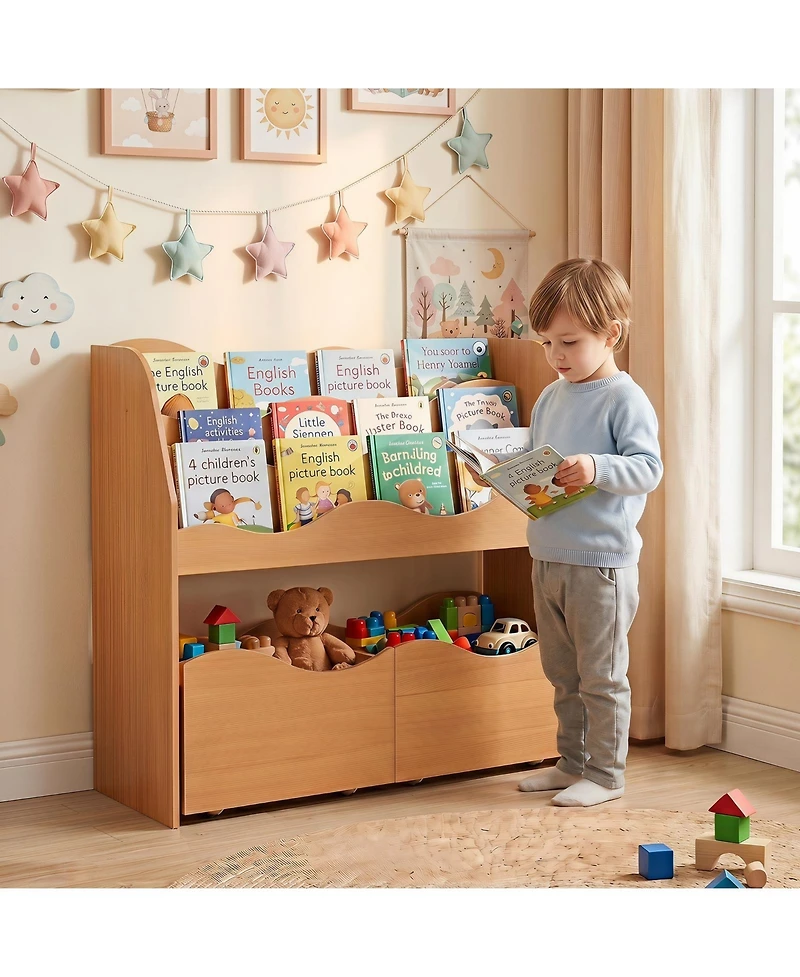 Gymax Kids Toy Storage Organizer Wooden Montessori Bookshelf with Two Rolling Drawers
