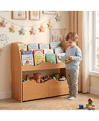 Gymax Kids Toy Storage Organizer Wooden Montessori Bookshelf with Two Rolling Drawers