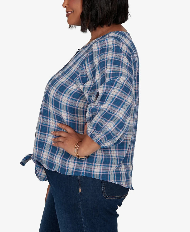 Ruby Rd. Plus Homestead Plaid 3/4-Sleeve Button-Front Top