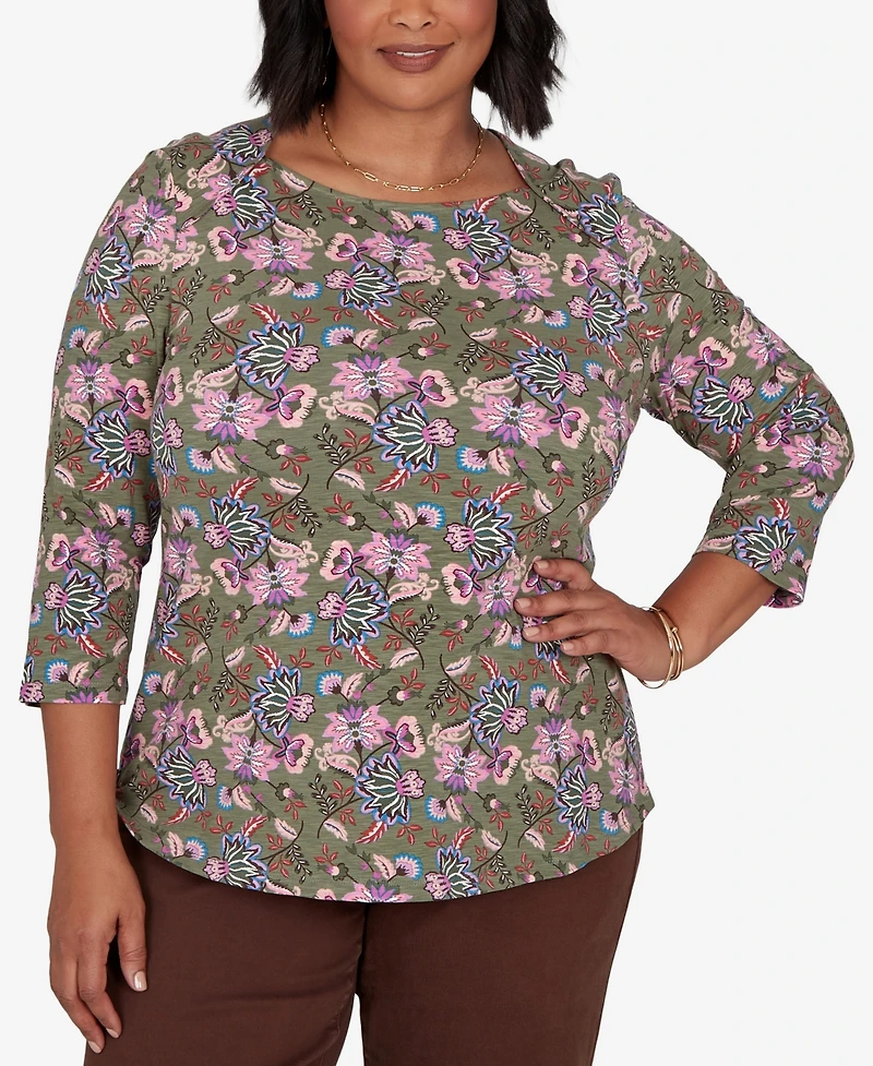 Ruby Rd. Plus Knt Garden Square Neck 3/4-Sleeve Floral Cotton-Blend T-Shirt
