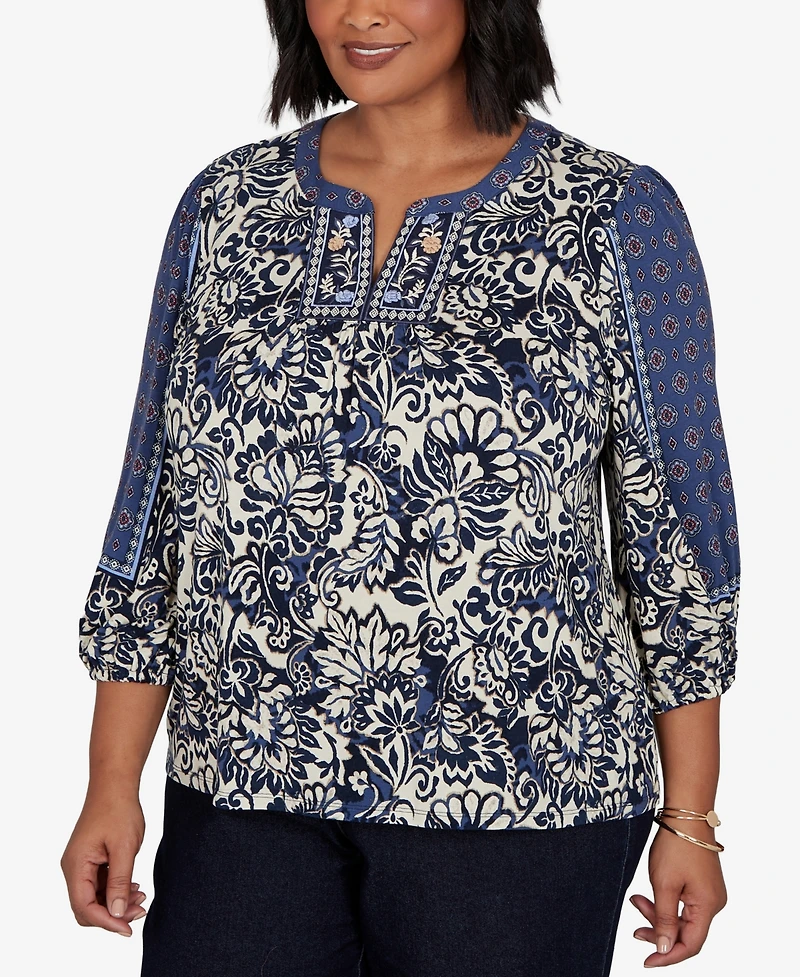 Ruby Rd. Plus Foliage Floral Henley 3/4-Sleeve Top