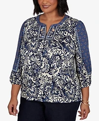 Ruby Rd. Plus Foliage Floral Henley 3/4-Sleeve Top