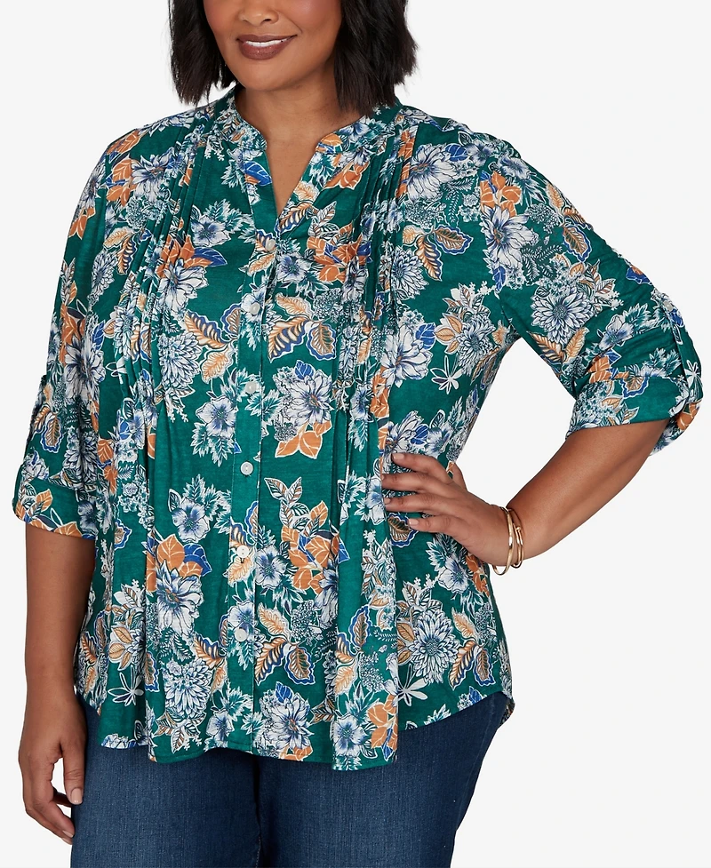 Ruby Rd. Plus Kensington Henley 3/4-Sleeve Floral Blouse