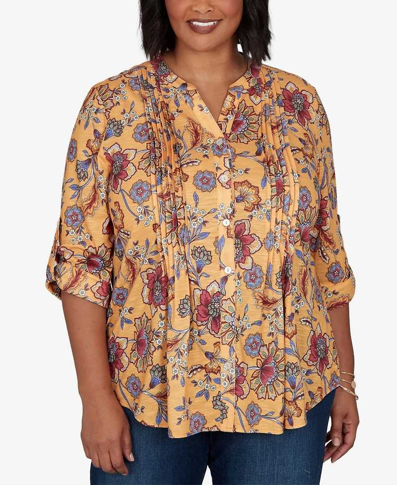 Ruby Rd. Plus Knit Vines Floral 3/4-Sleeve Henley Blouse
