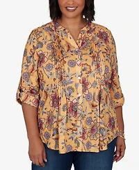 Ruby Rd. Plus Knit Vines Floral 3/4-Sleeve Henley Blouse