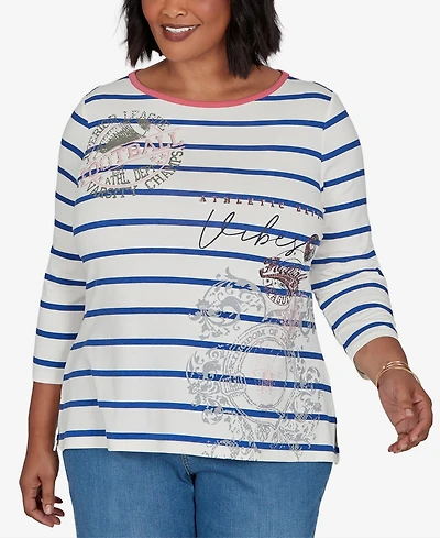 Ruby Rd. Plus Stripe Boat Neck 3/4-Sleeve Top