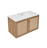 36 in. Brown Oak Wall Hung Bathroom Vanity With White, 3-Hole Ceramic Sink Top