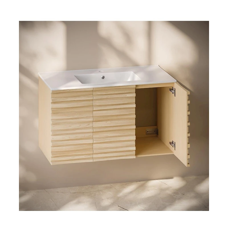 Swiss Madison Cascade 36" Wall-Mounted Bathroom Vanity in Natural Oak with Sink Top