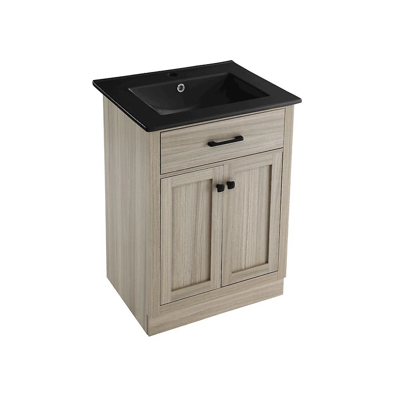 Swiss Madison Burdon 24 in. Brown Oak Bathroom Vanity With Black Ceramic Sink Top