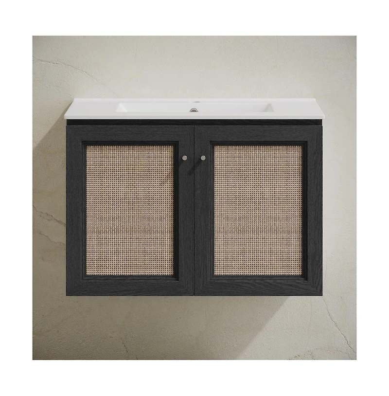 Swiss Madison 30" Wall-Mounted Bathroom Vanity in Black Oak with Single Faucet Hole Vanity Top
