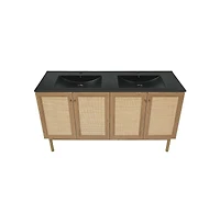 Swiss Madison60" Freestanding Bathroom Vanity in Golden Oak with Black Double Basin Sink Top