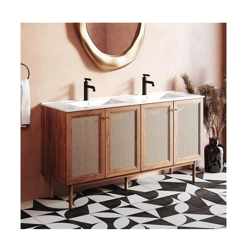 Swiss Madison Classe 60" Freestanding Bathroom Vanity in Golden Oak with Double Basin Sink Top