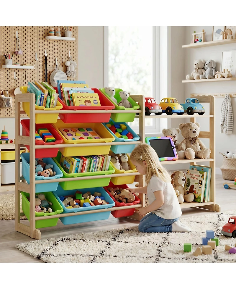 gaomon Kids Toy Storage Organizer 56" Wide Wood Bookshelf with 12 Bins and 3 Open Shelves Anti-Tip Rounded Edges for Playroom Bedroom Nursery