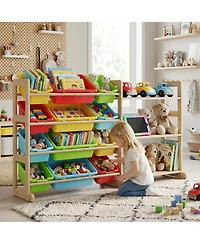 gaomon Kids Toy Storage Organizer 56" Wide Wood Bookshelf with 12 Bins and 3 Open Shelves Anti-Tip Rounded Edges for Playroom Bedroom Nursery
