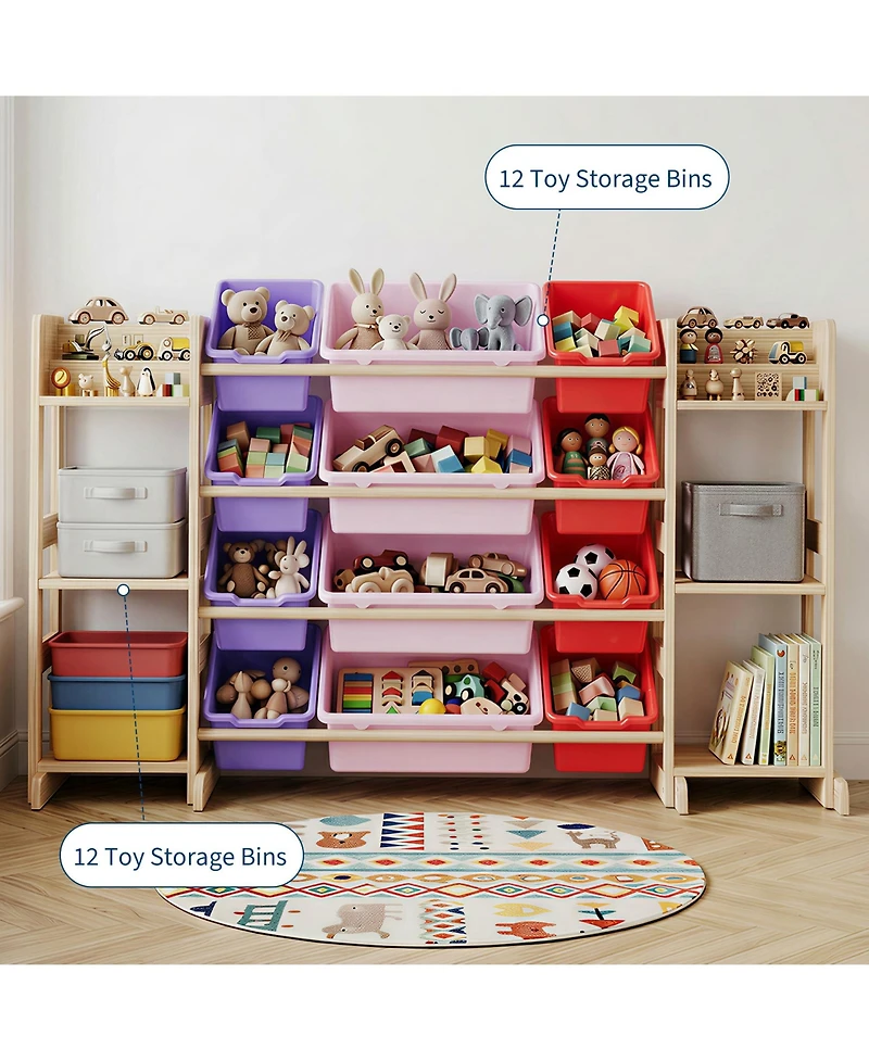 gaomon Kids Toy Storage Organizer 52.3" Wide Solid Wood Bookshelf Cabinet with 12 Removable Bins and 6 Shelves Cubby