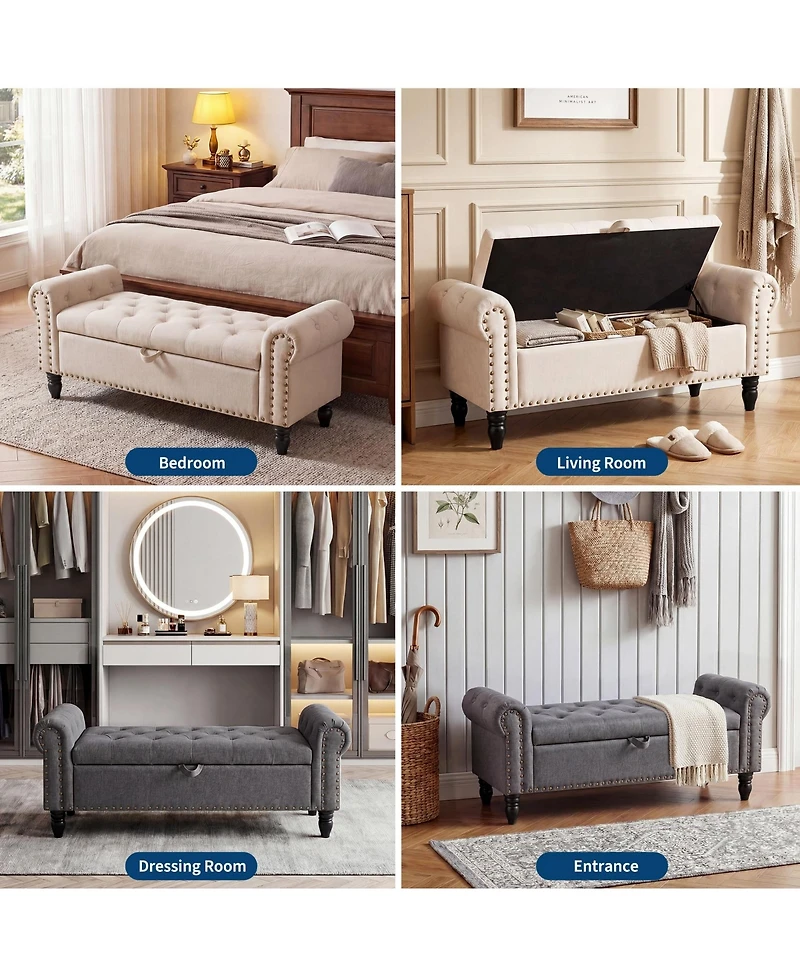 gaomon Storage Bench 51 Inch Upholstered Button Tufted Ottoman with Rolled Arms Safety Hinge Linen Fabric for Bedroom Entryway