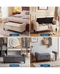 gaomon Storage Bench 51 Inch Upholstered Button Tufted Ottoman with Rolled Arms Safety Hinge Linen Fabric for Bedroom Entryway