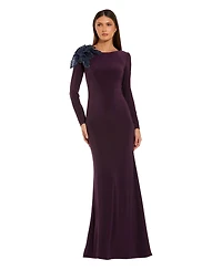 Mac Duggal Women's Floral Applique Long Sleeve Column Gown