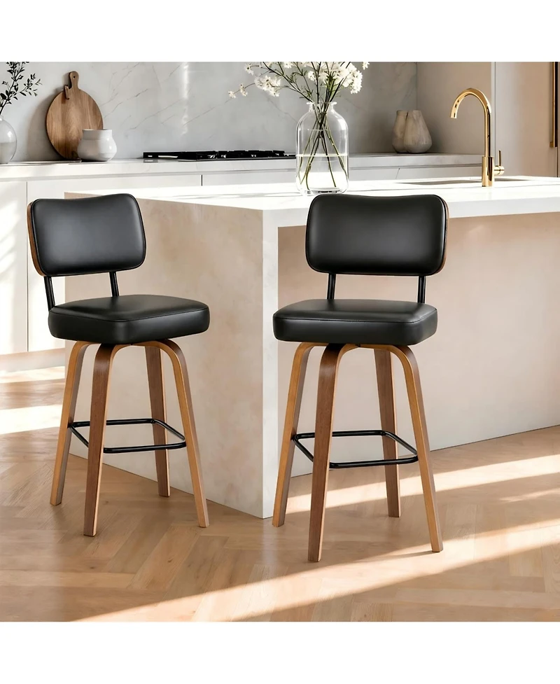 gaomon Set of 2 Bar Stools 26" Counter Height Swivel Faux Leather Seat with Backrest Bentwood Legs for Kitchen Island Home