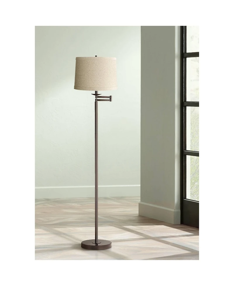360 Lighting Modern Swing Arm Floor Lamp 60.5" Tall Bronze Natural Linen Drum Shade for Living Room Reading Bedroom Office