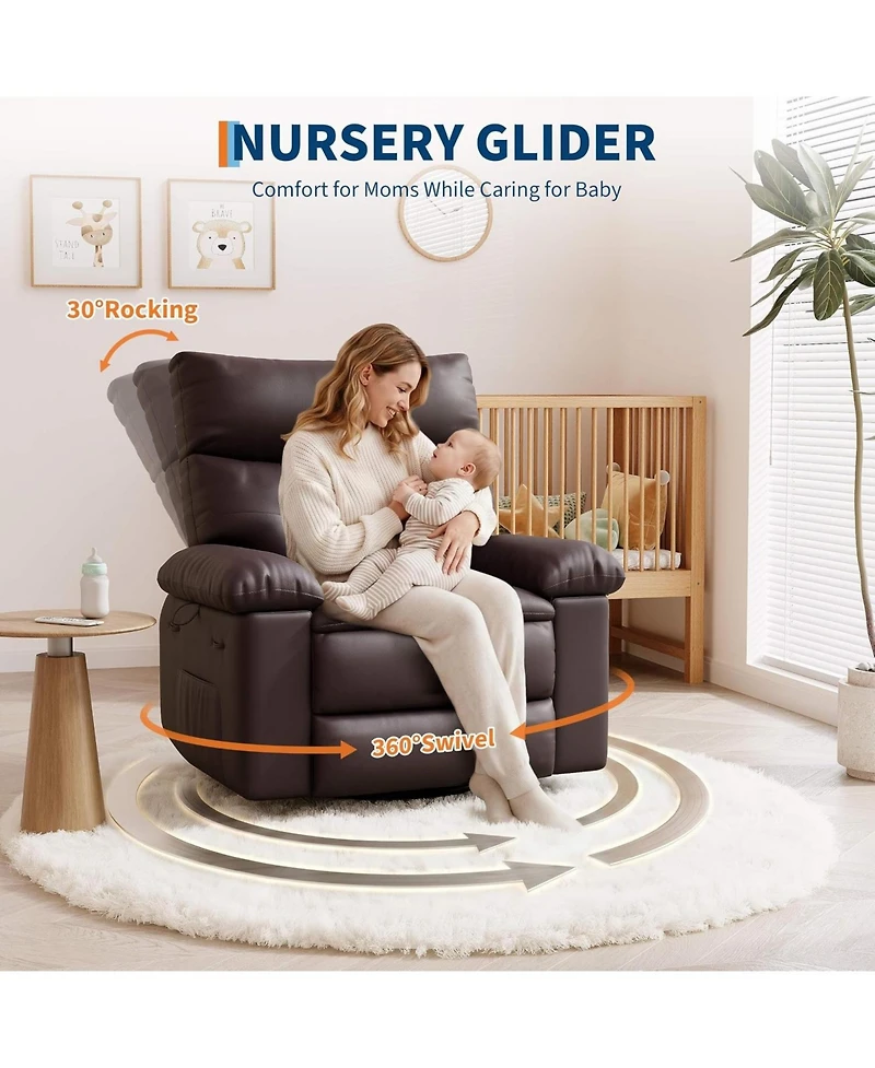 Leather Manual Recliner Chair for Adults with Heat and Massage, 360degree(s) Swivel, 30degree(s) Rocking, Nursery Glider, Single Sofa for Living Room